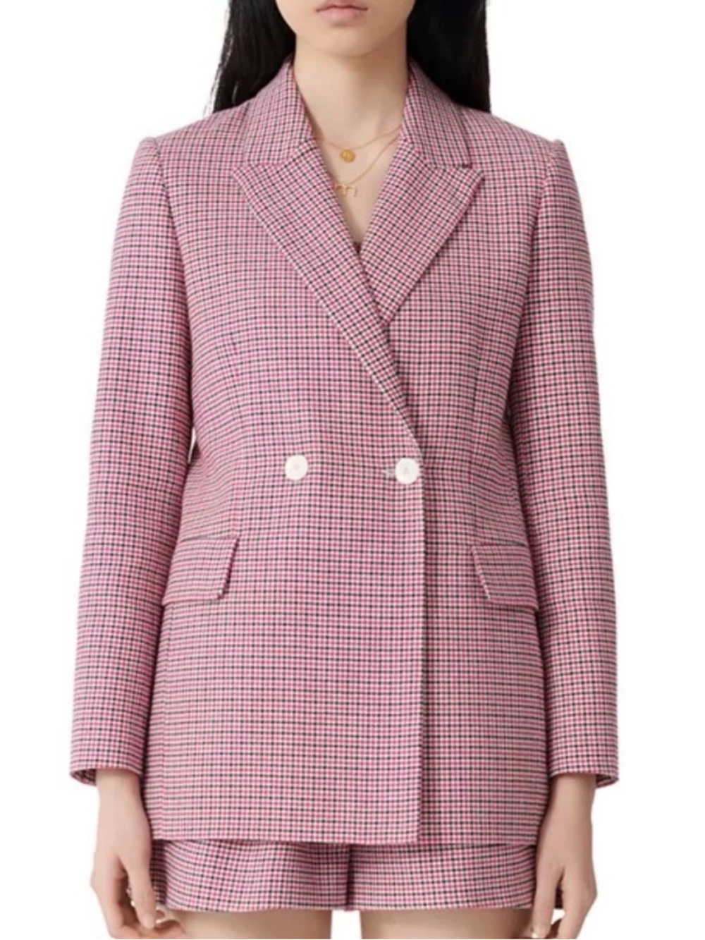 Maje Pink Houndstooth Double-Breasted Blazer